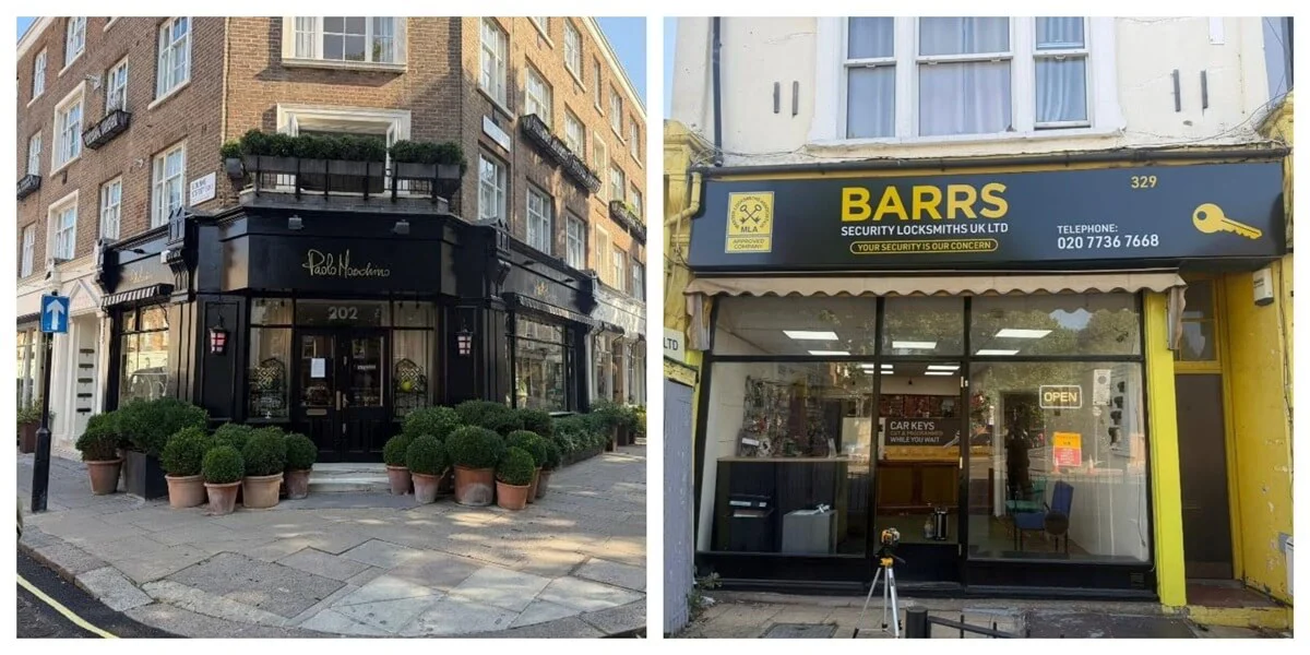 A collage of two different storefront signage set ups.